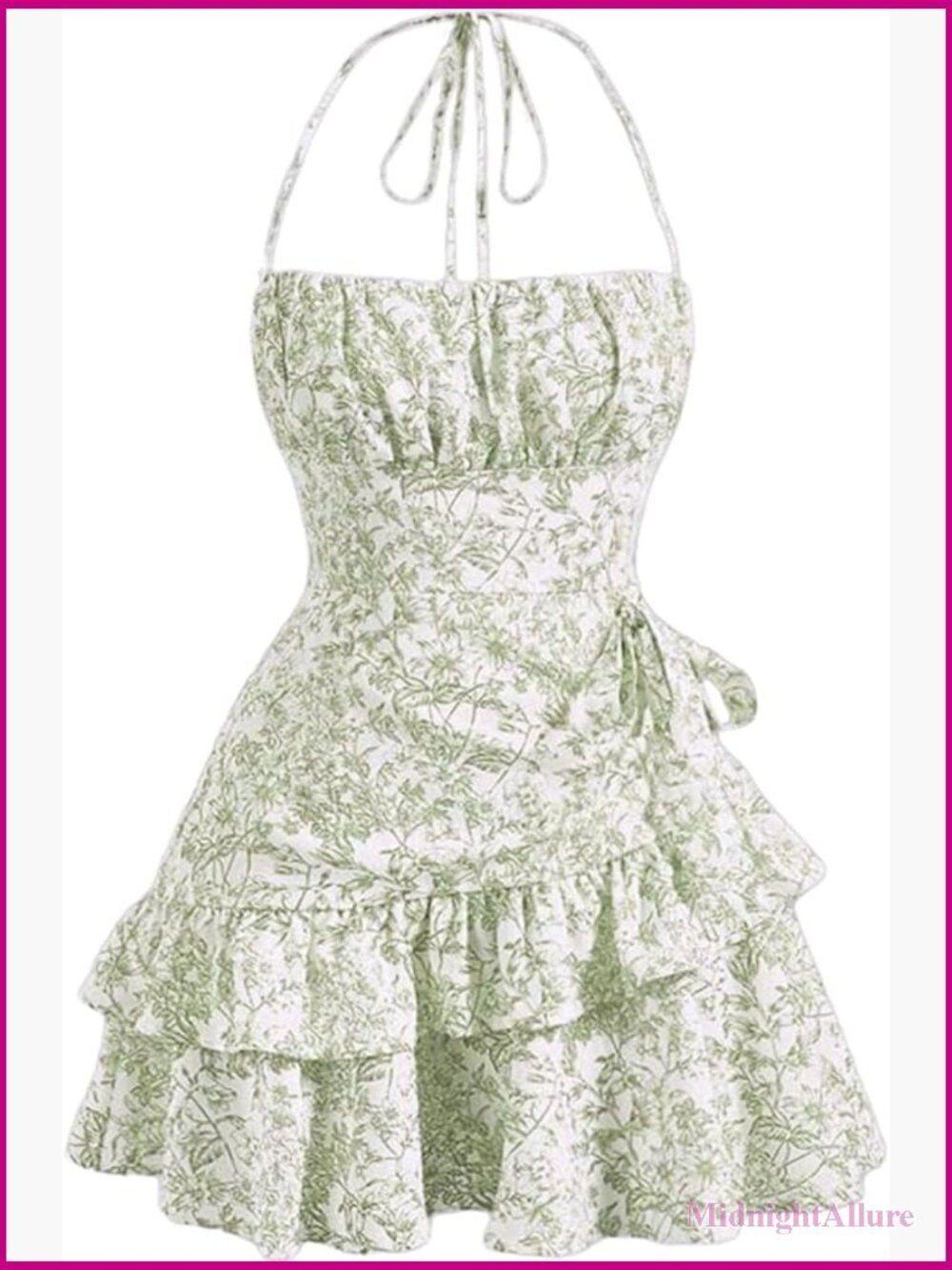 Tie Halter Mini Dress Floral Print Ruffle Trim Casual Summer Dress